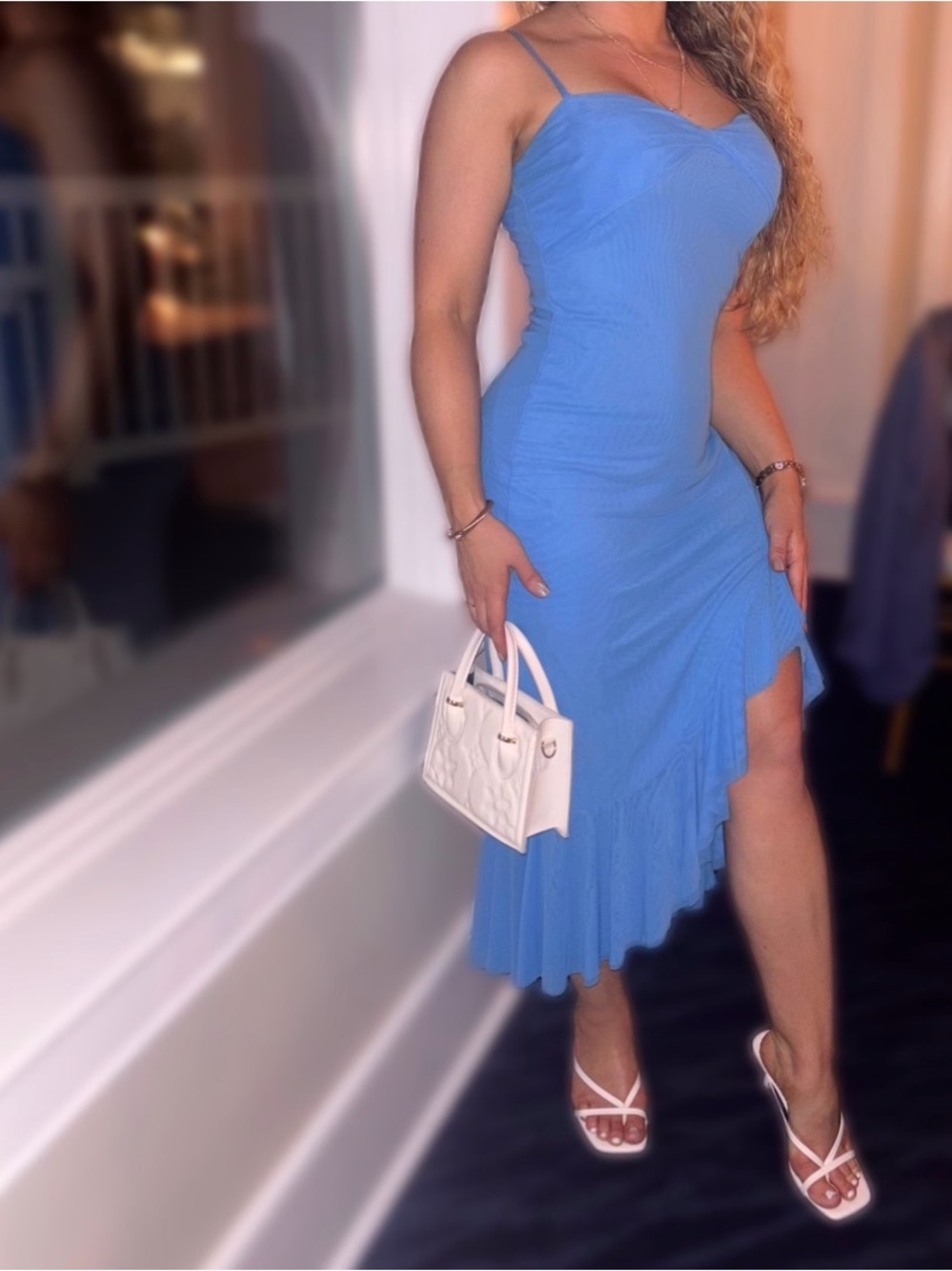 Hello Molly Dress- Blue Spaghetti-Strap Ruffle Dress